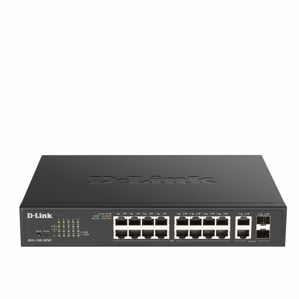 Switch D-Link DGS-1100-18PV2 18-Port Gigabit Smart Managed PoE Switch with 16 PoE and 2 Combo RJ45/SFP ports (130W PoE budget)