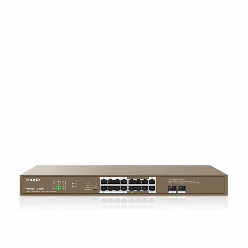 Switch Tenda TEG1118P-16-250W 16GE+2SFP Ethernet Switch With 16-Port PoE